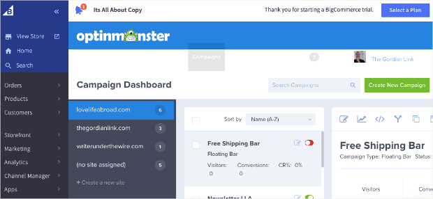 BigCommerce Dashboard With OptinMonster Min