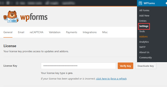 WPForms Enter License Key