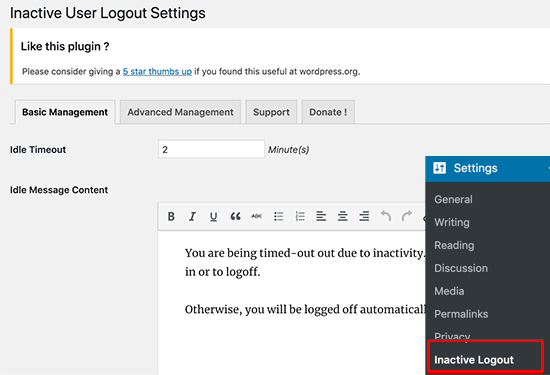 Inactive Logout Settings