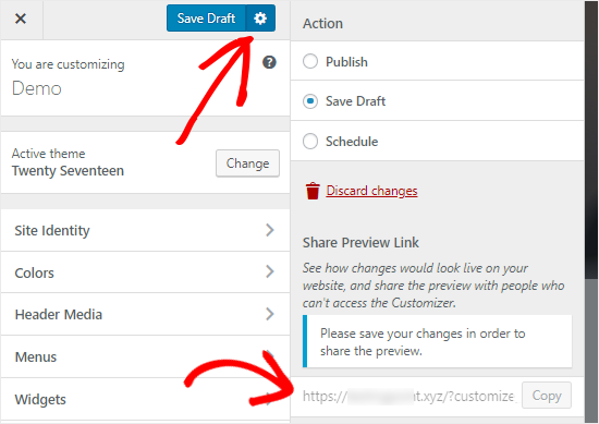 Wordpress Customizer Save Draft