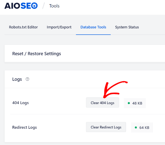 Clear 404 Logs From Database Tools 1