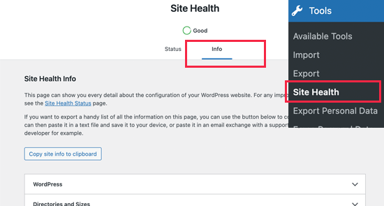 Site Health Info Wordpress